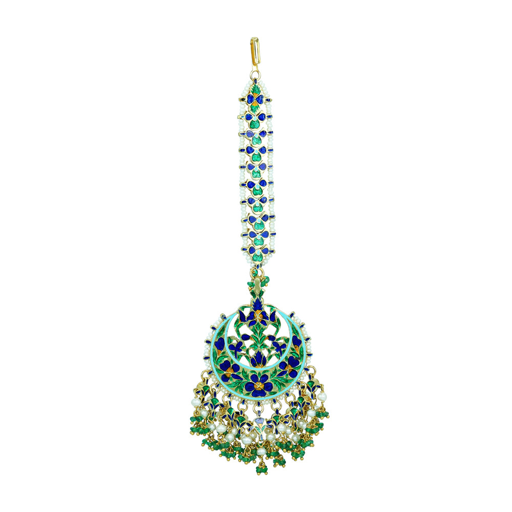 Red and Green Gemstone Mangtikka with Pearl Strands and Drops
